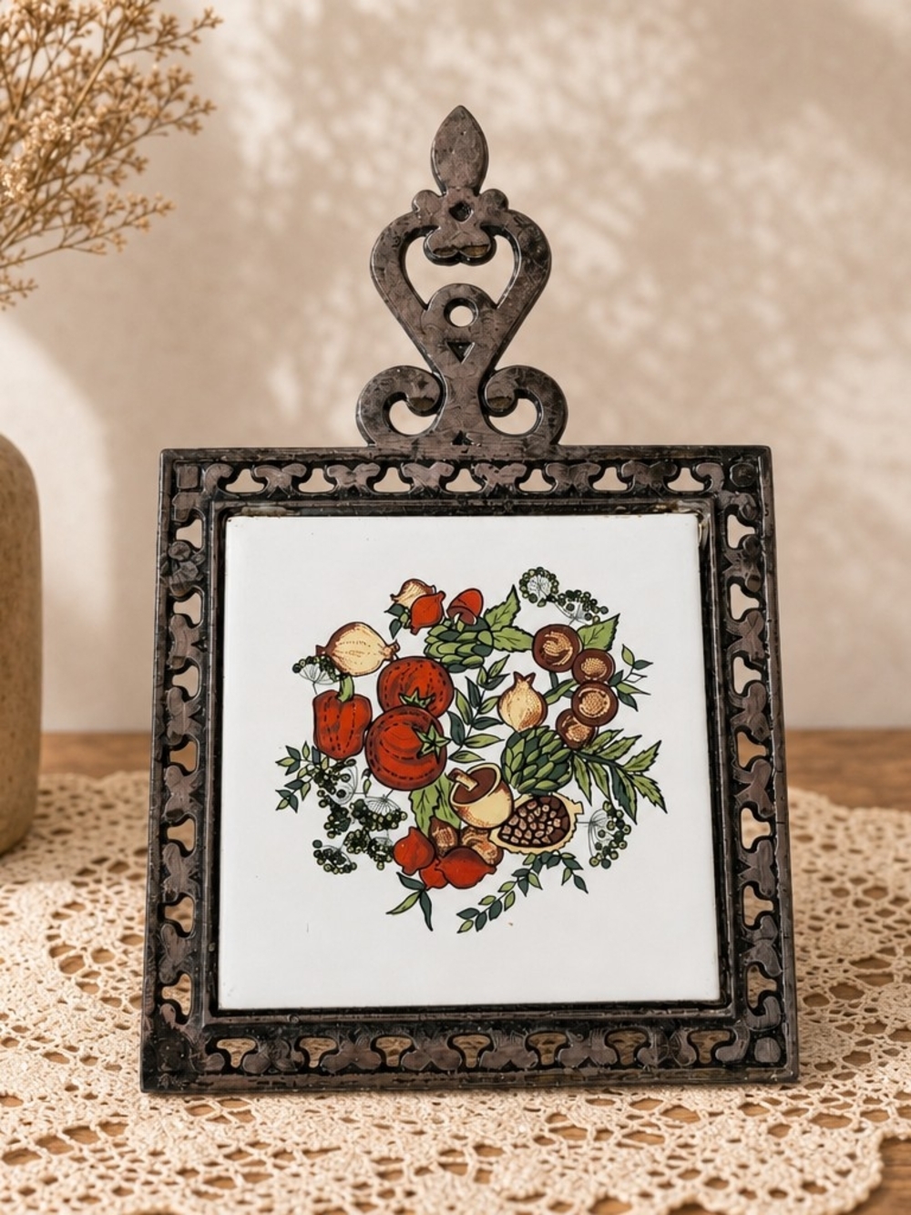 Vintage “Spice of Life” Style Metal & Ceramic Trivet – Fruit & Nut Design